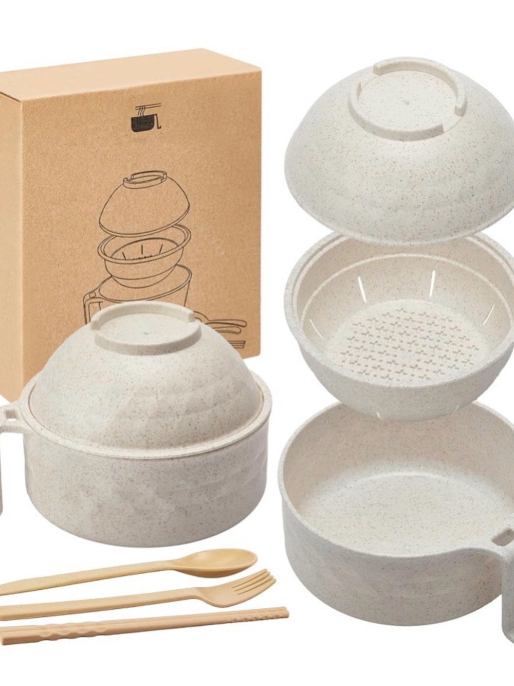 Beige 3-in-1 Ramen Noodle Bowl with Strainer Lid and Utensils
